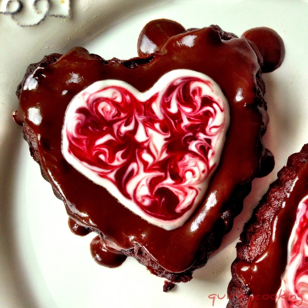 Chocolate Fudge Hearts with Raspberry Swirl Topping