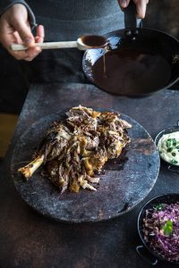 Slow-cooked lamb shoulder with red wine sauce, quirky cooking